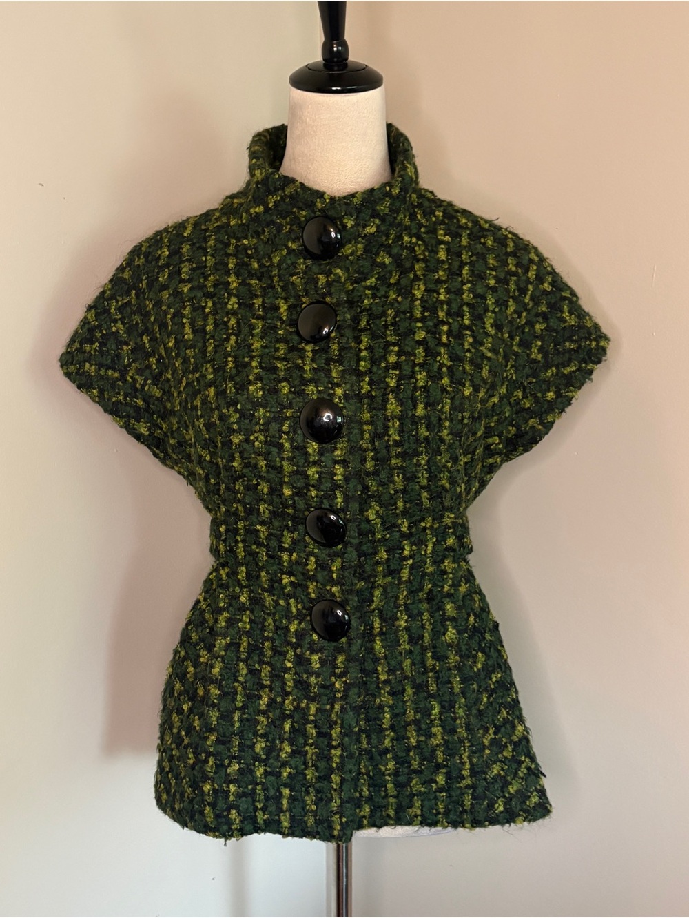 VTG Beth Bowley Anthropologie Green Tweed Wool Mohair Capelet Jacket Y2K Size 8